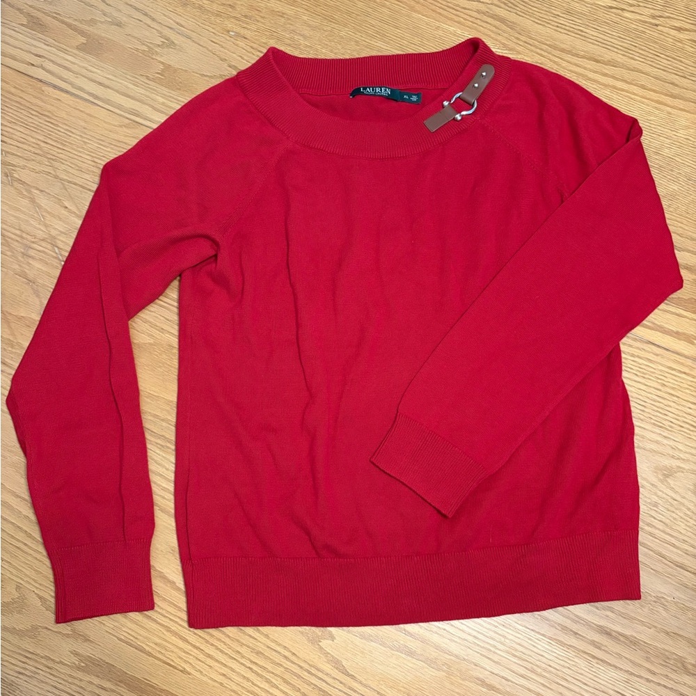 Lauren Ralph Lauren Red Crew Neck Sweater Buck Accent Cotton Minimalist